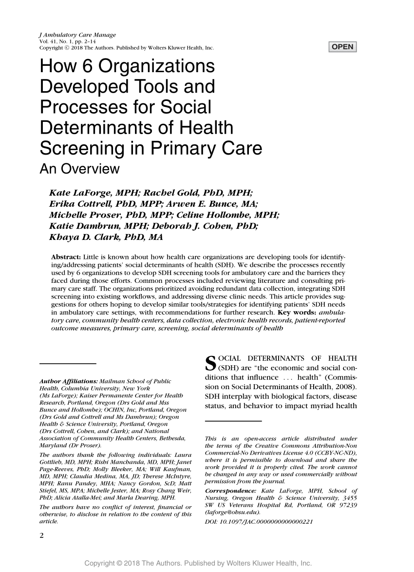 PDF) How 6 Organizations Developed Tools and Processes for Social  Determinants of Health Screening in Primary Care: An Overview