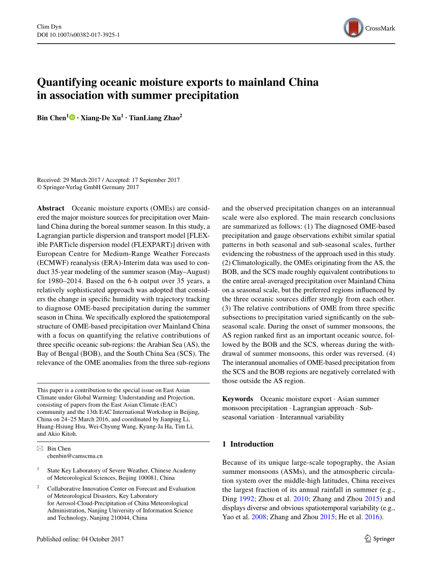 Pdf Quantifying Oceanic Moisture Exports To Mainland China - 