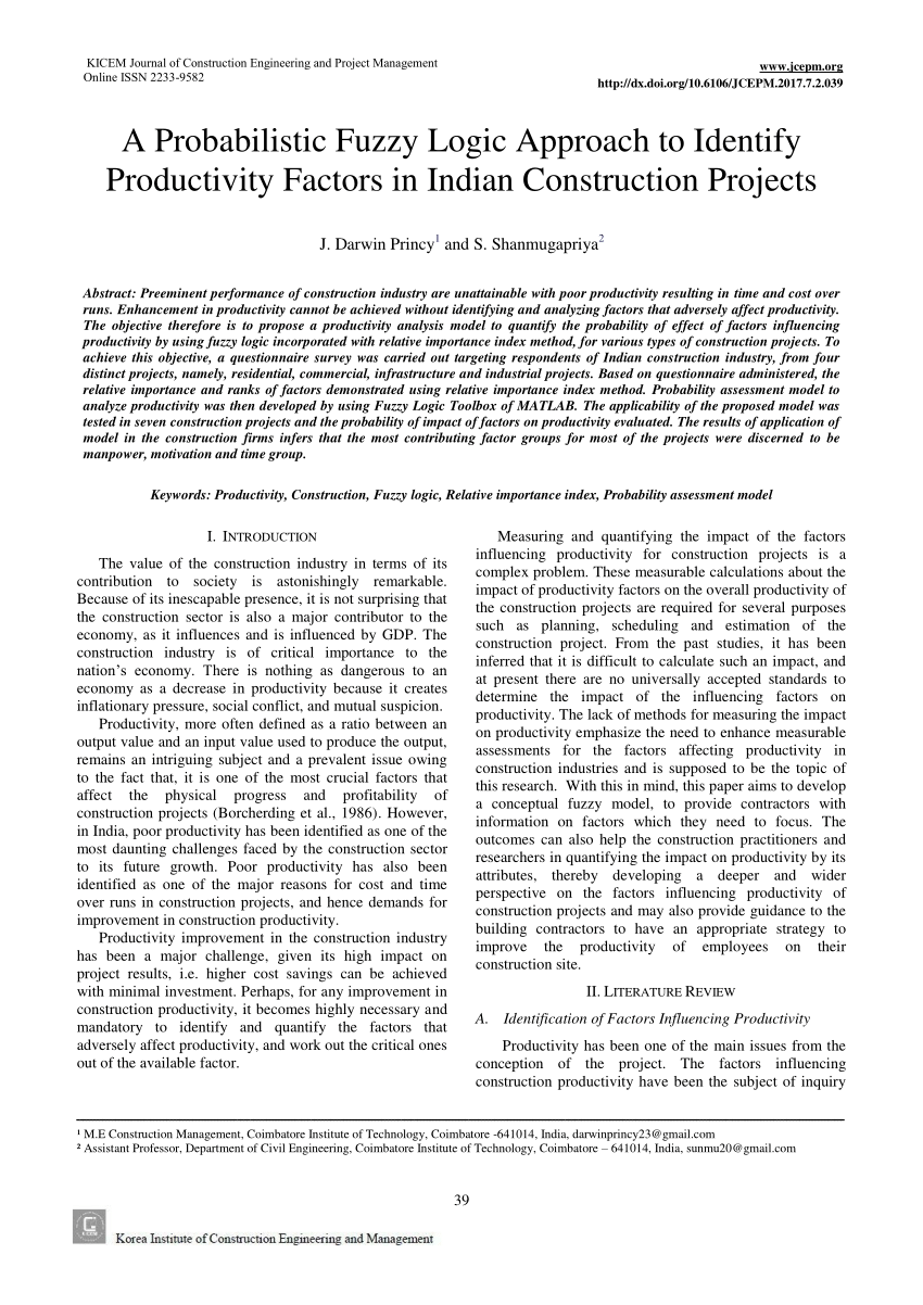 Pdf A Probabilistic Fuzzy Logic Approach To Identify Productivity Factors In Indian Construction Projects