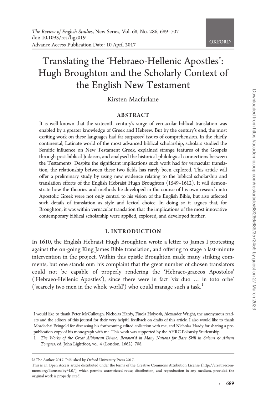 PDF) Translating the 'Hebraeo-Hellenic Apostles': Hugh Broughton and the  Scholarly Context of the English New Testament