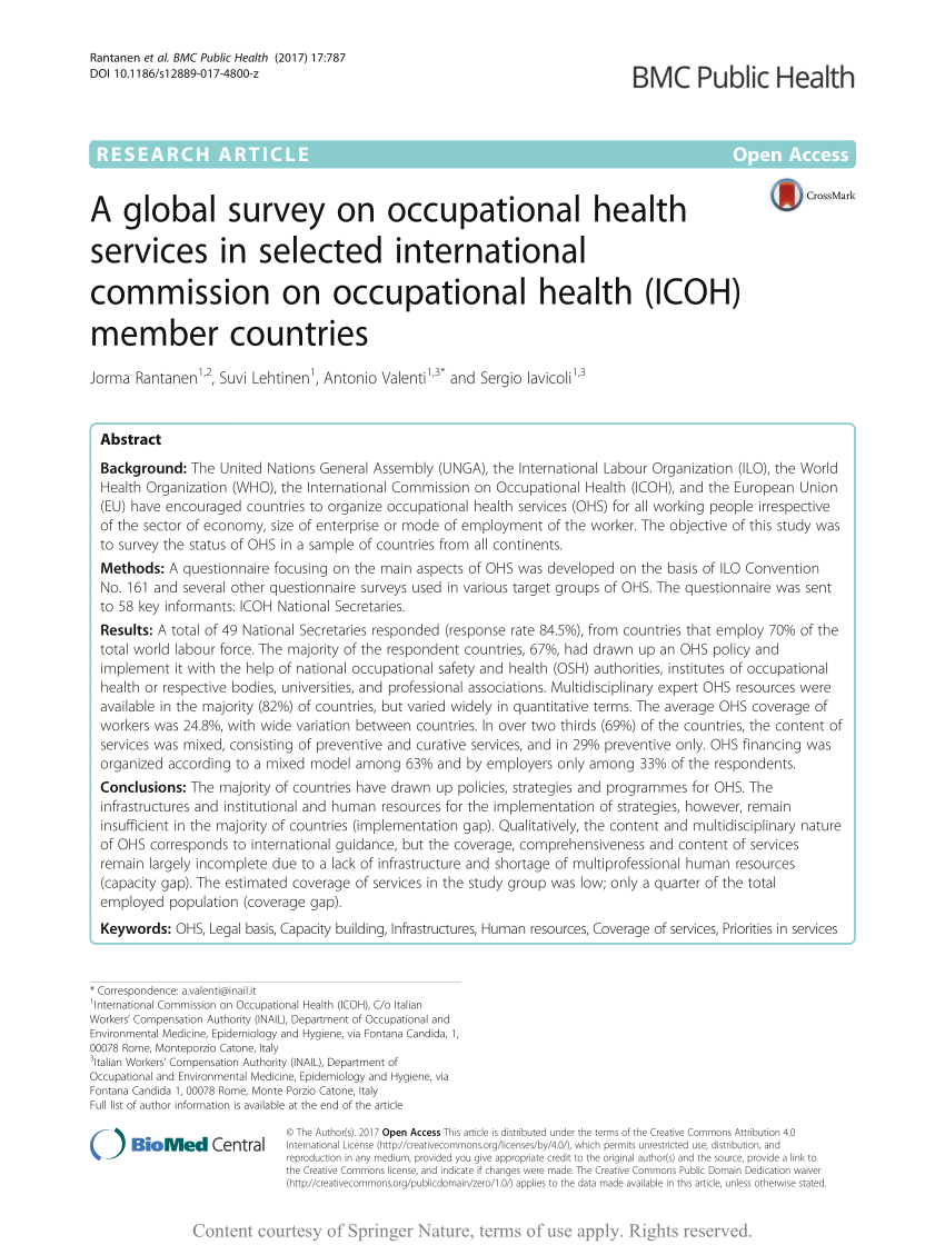 Pdf A Global Survey On Occupational Health Services In Selected International Commission On Occupational Health Icoh Member Countries