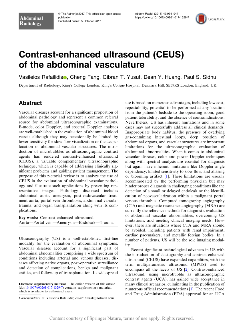 Pdf Contrast Enhanced Ultrasound Ceus Of The Abdominal Vasculature