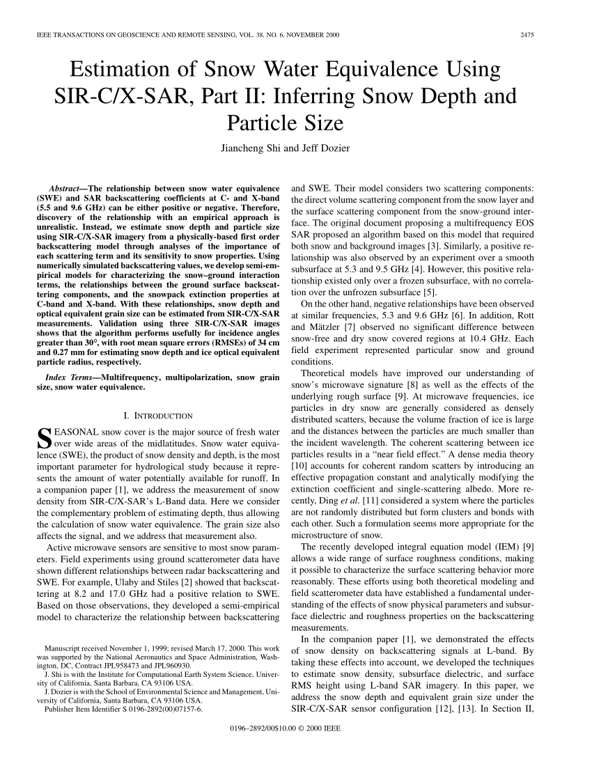 Pdf Estimation Of Snow Water Equivalence Using Sir C X Sar Part Ii Inferring Snow Depth And Particle Size