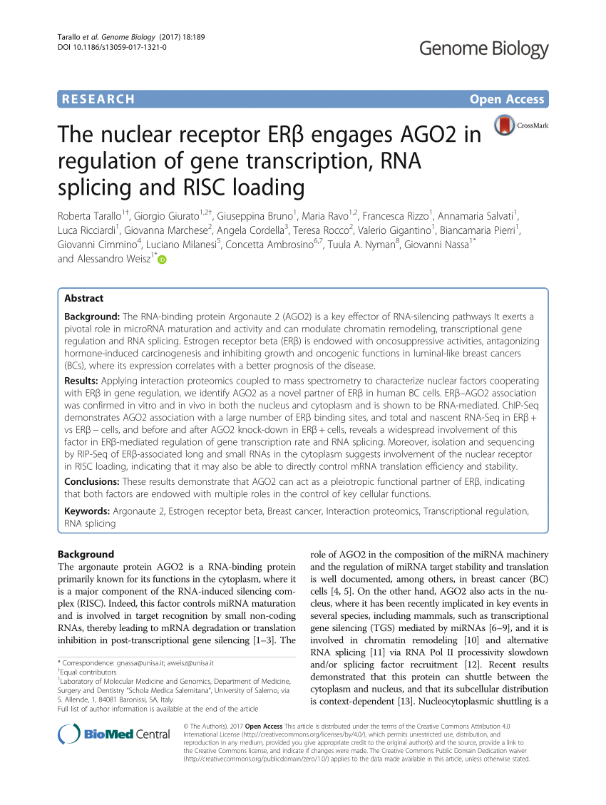 PDF) The nuclear receptor ER  engages AGO2 in regulation of gene ...
