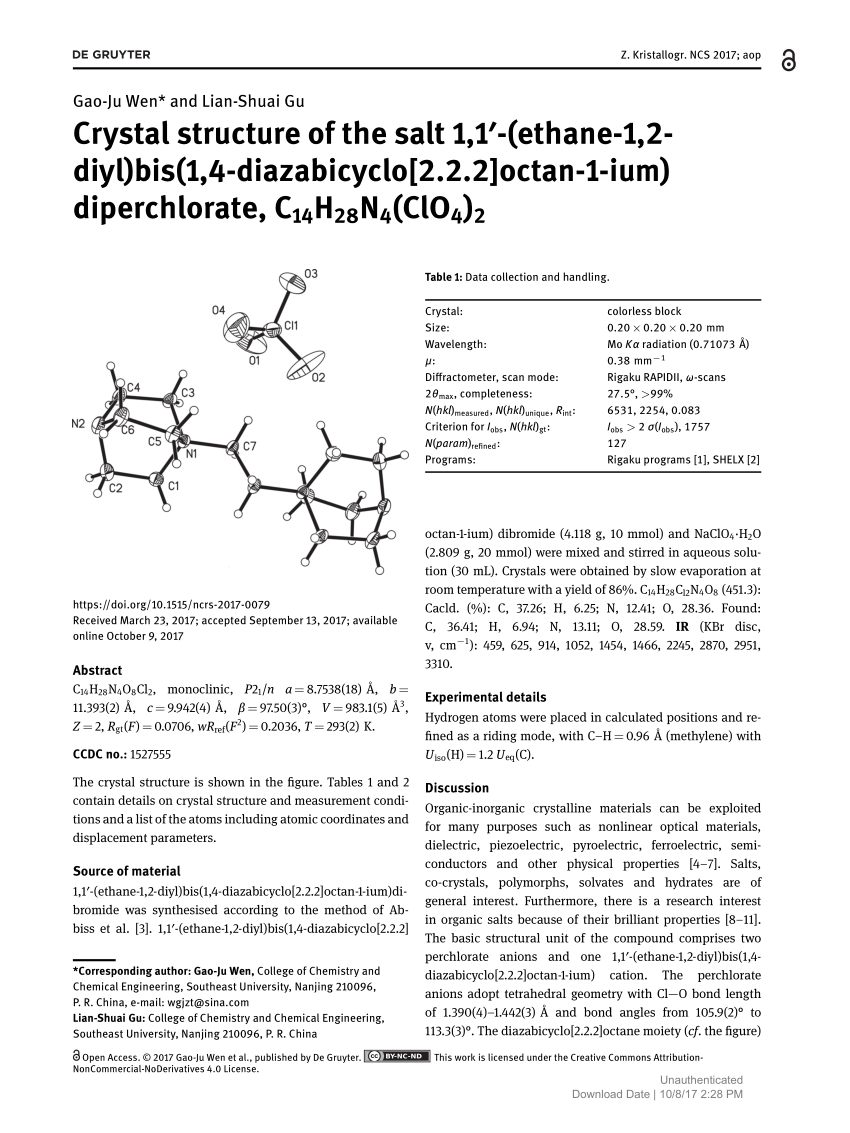Pdf Crystal Structure Of The Salt 1 1 Ethane 1 2 Diyl Bis 1 4 Diazabicyclo 2 2 2 Octan 1 Ium Diperchlorate C14h28n4 Clo4 2