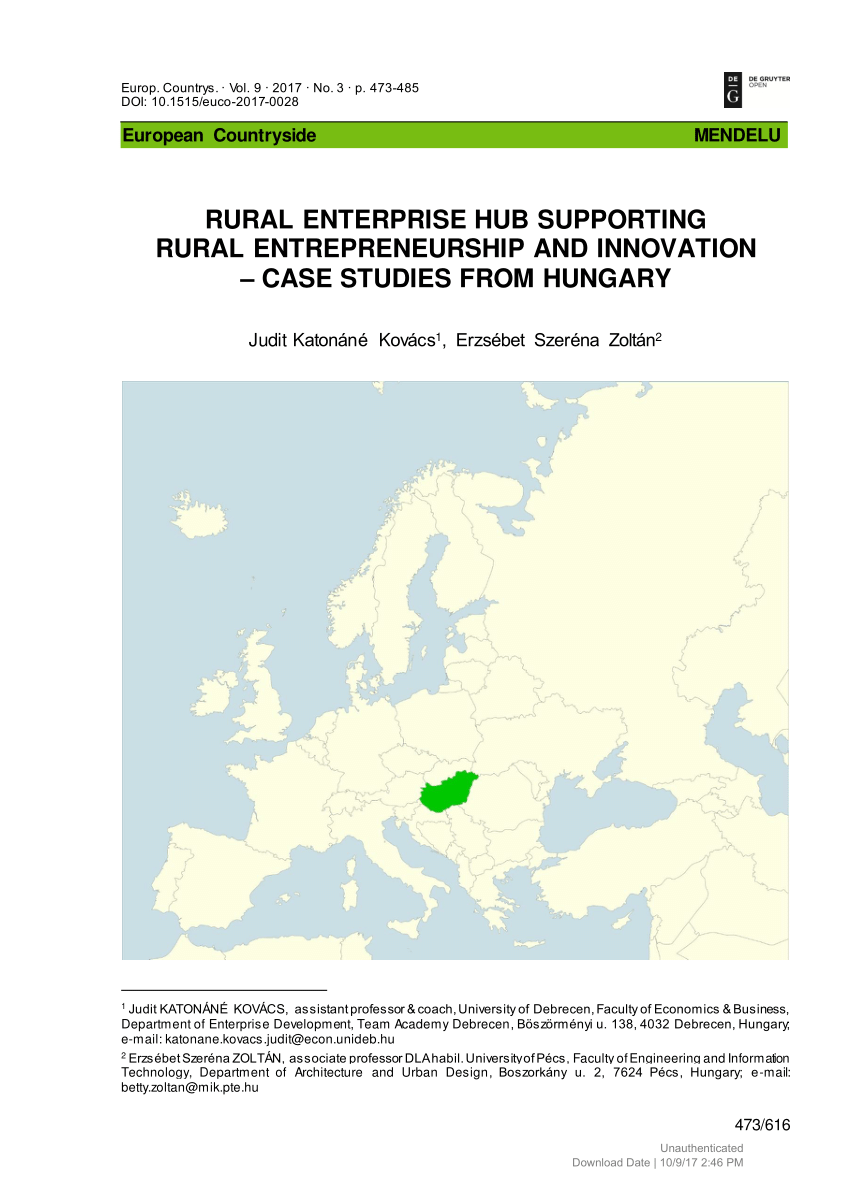 Pdf Rural Enterprise Hub Supporting Rural Entrepreneurship And Innovation Case Studies From Hungary