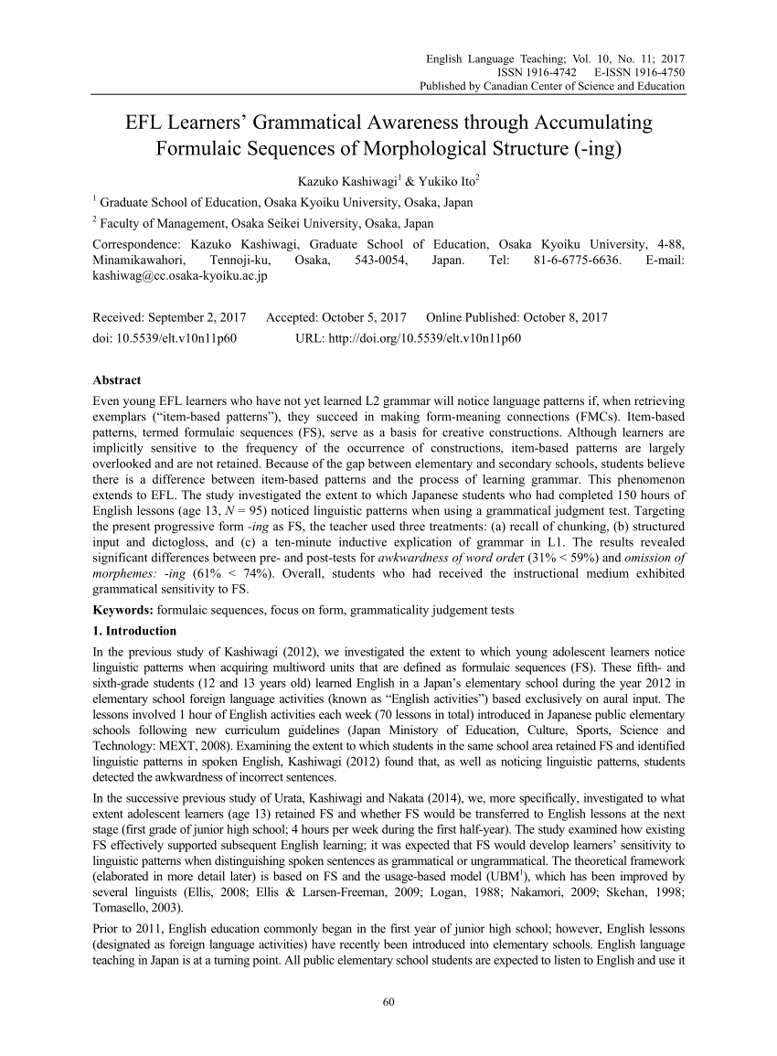 Pdf Efl Learners Grammatical Awareness Through Accumulating Formulaic Sequences Of Morphological Structure Ing