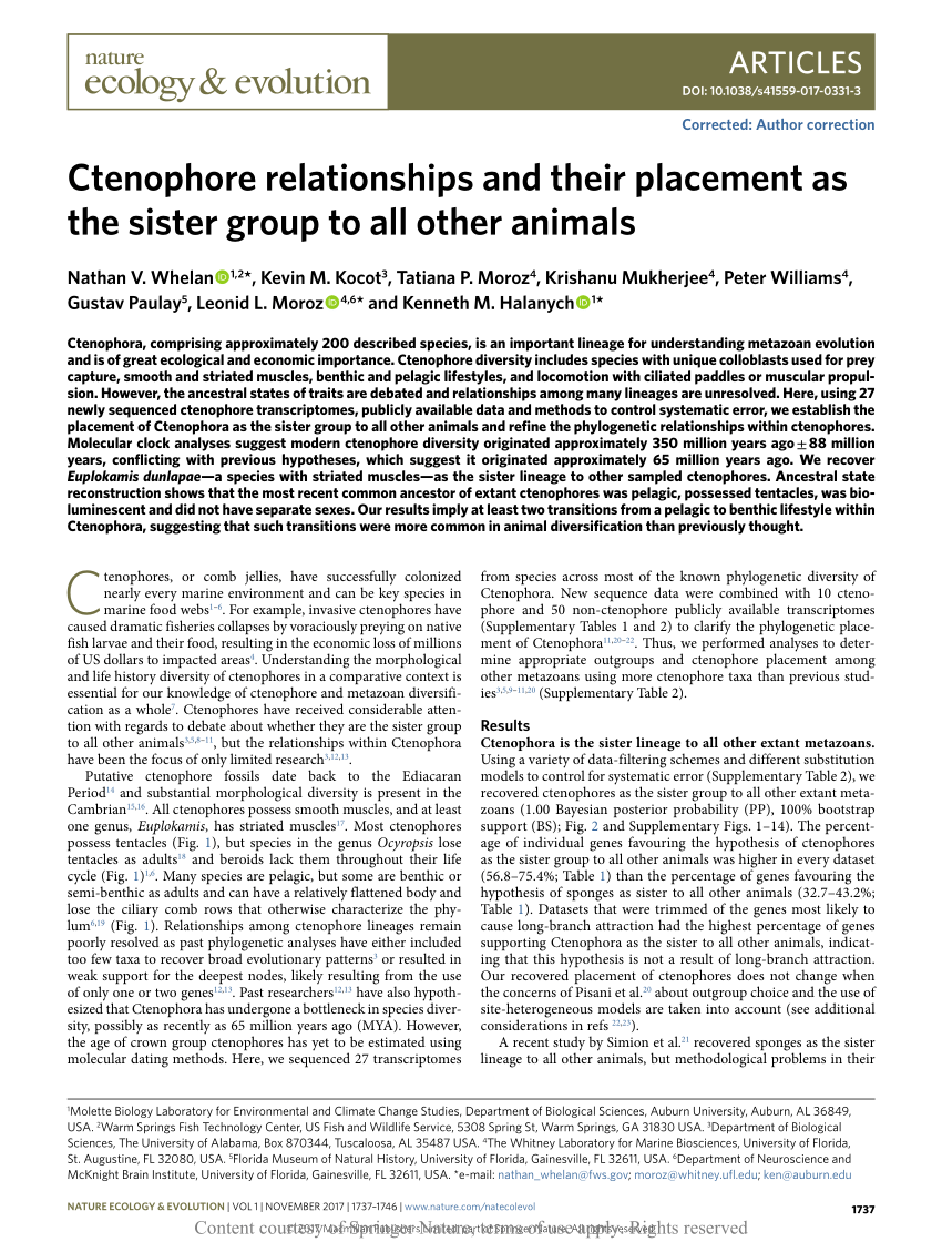 Ctenophore Relationships And Their Placement As The Sister Group To All Other Animals Request Pdf