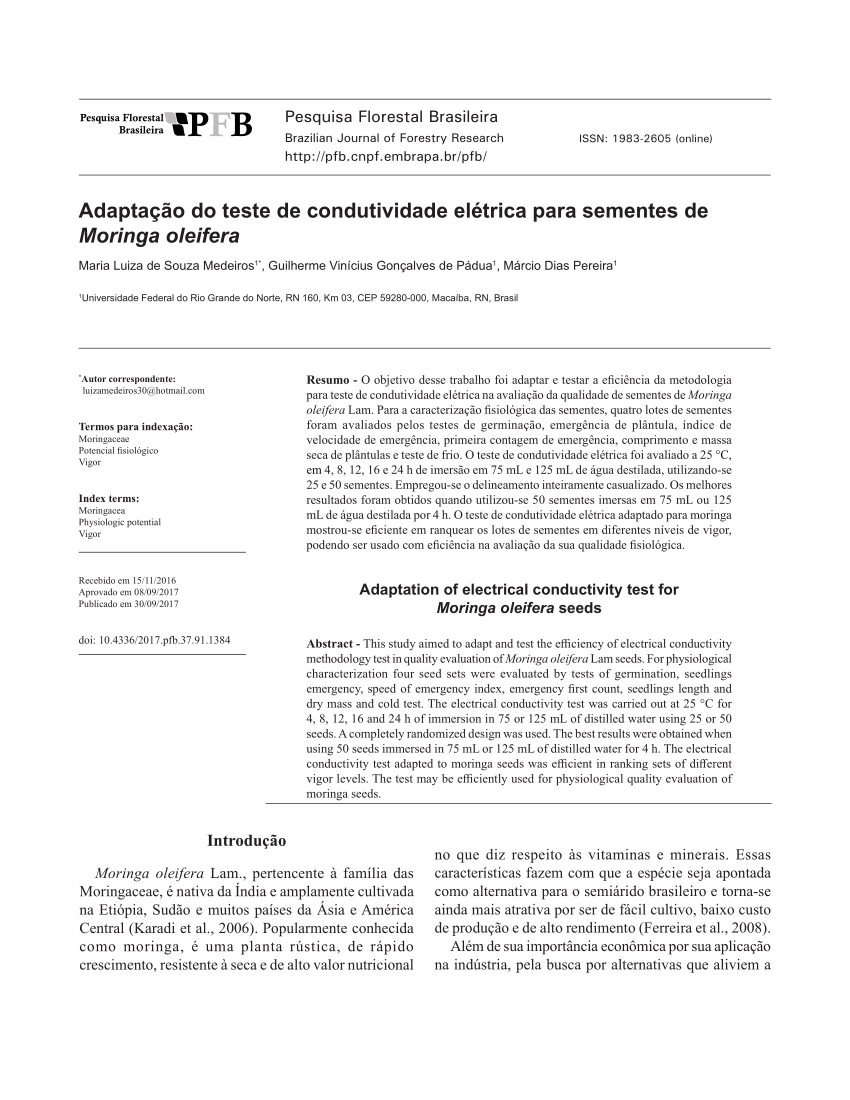 PDF) Adaptação do teste de condutividade elétrica para sementes de Moringa  oleifera