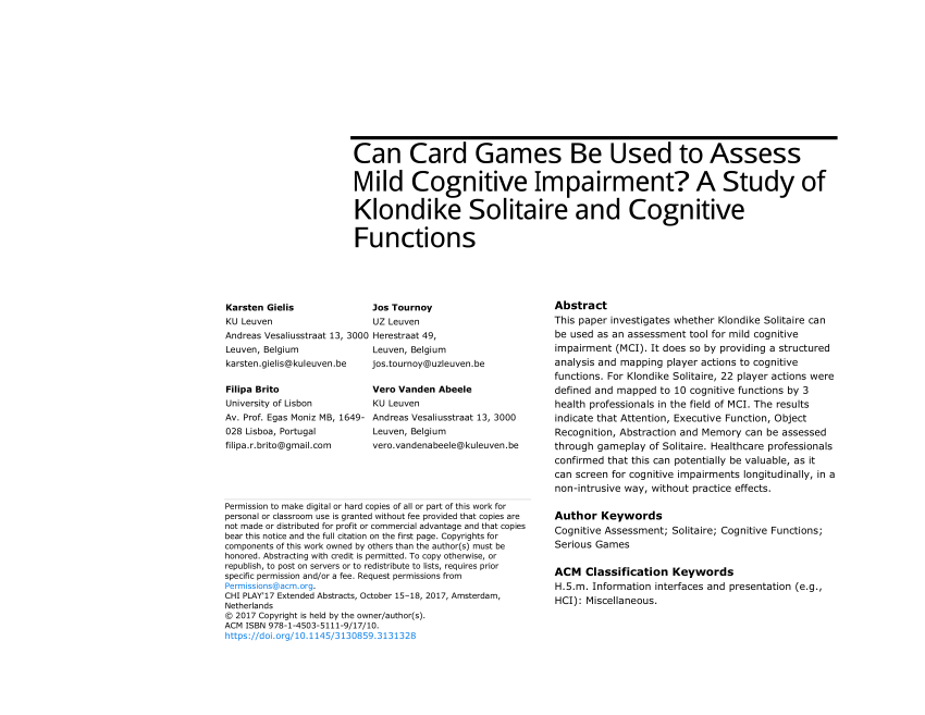 Pdf Can Card Games Be Used To Assess Mild Cognitive Impairment A Study Of Klondike Solitaire And Cognitive Functions