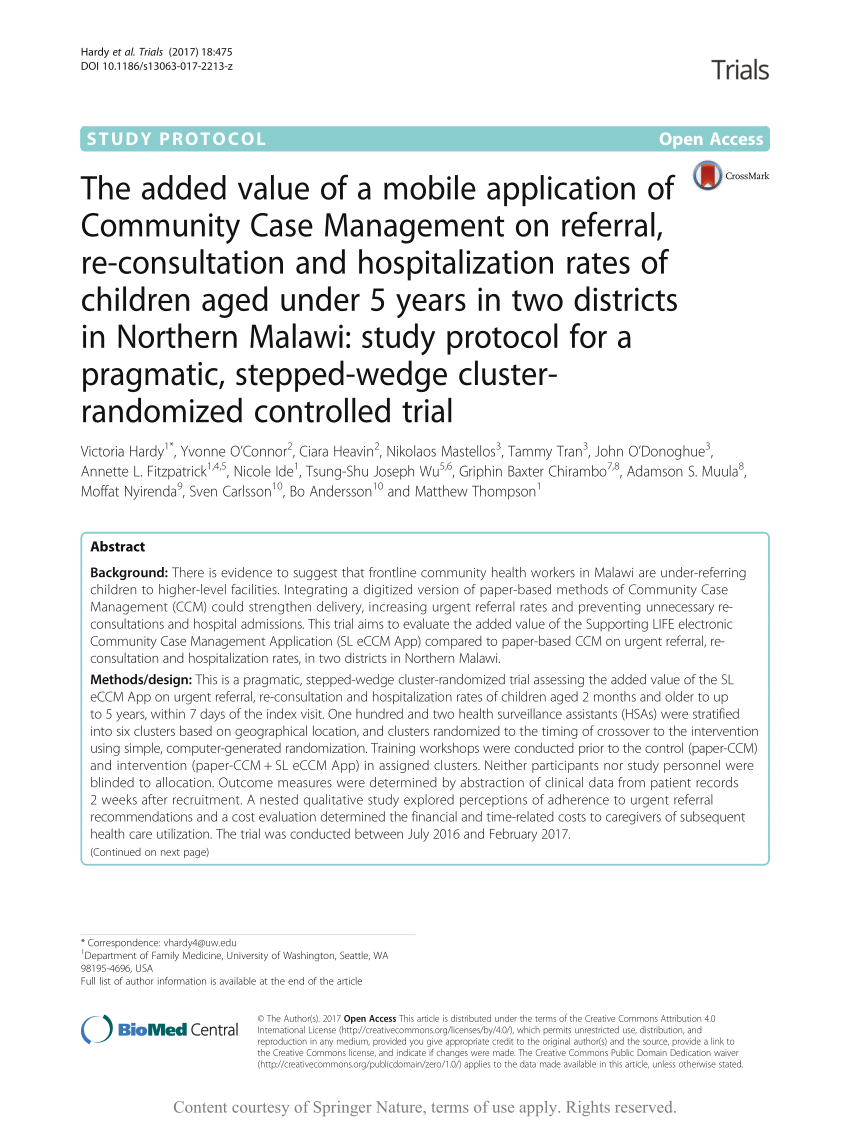 Pdf The Added Value Of A Mobile Application Of Community Case Management On Referral Re Consultation And Hospitalization Rates Of Children Aged Under 5 Years In Two Districts In Northern Malawi Study Protocol