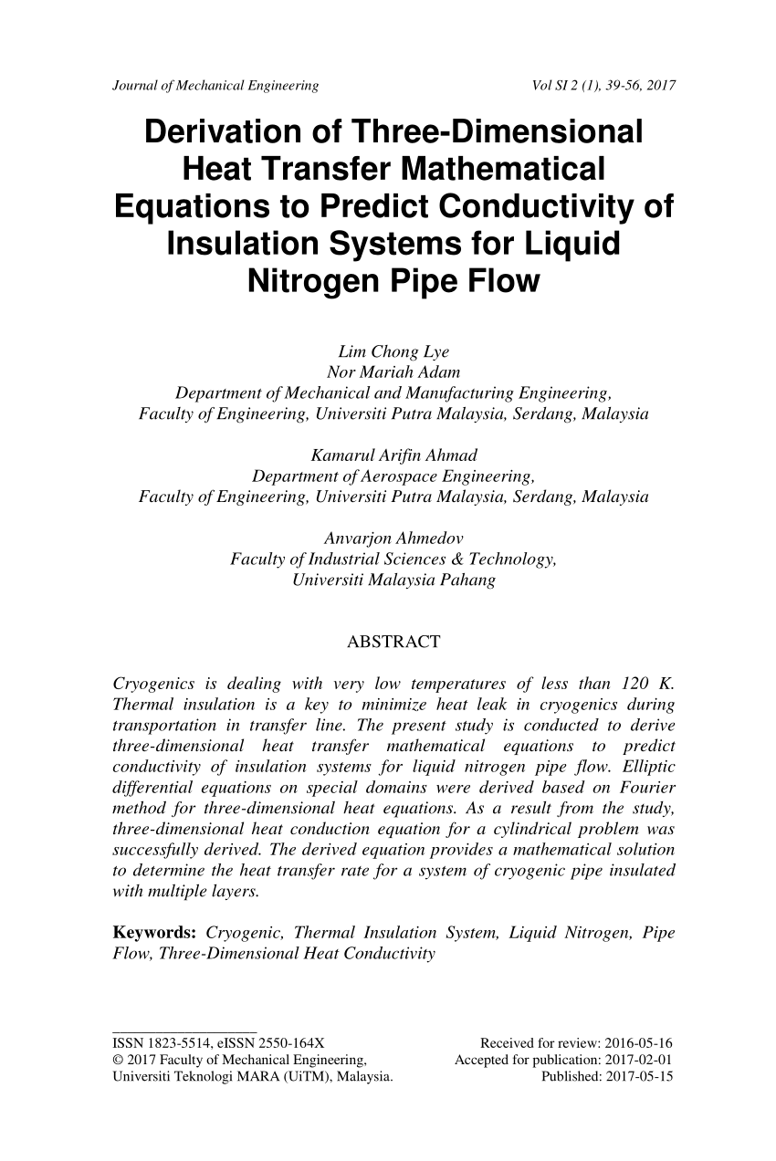 Pdf Derivation Of Three Dimensional Heat Transfer Mathematical Equations To Predict Conductivity Of Insulation Systems For Liquid Nitrogen Pipe Flow