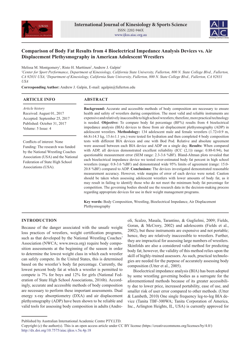 Pdf Comparison Of Body Fat Results From 4 Bioelectrical