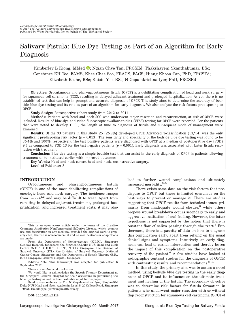 (PDF) Salivary fistula Blue dye testing as part of an algorithm for