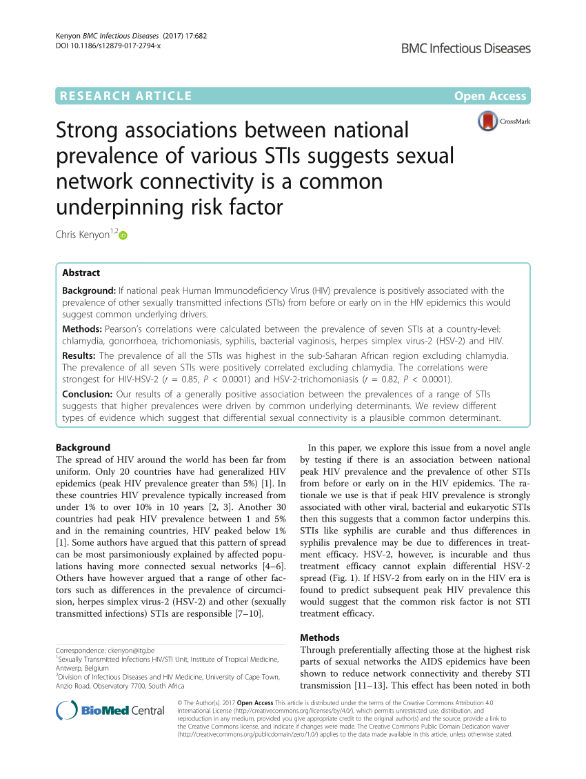 Pdf Strong Associations Between National Prevalence Of Various Stis Suggests Sexual Network