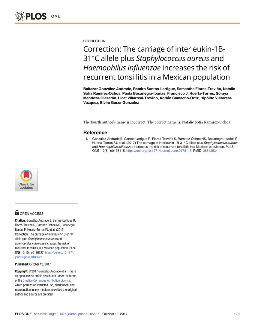 Pdf Correction The Carriage Of Interleukin 1b 31 C Allele Plus Staphylococcus Aureus And Haemophilus Influenzae Increases The Risk Of Recurrent Tonsillitis In A Mexican Population