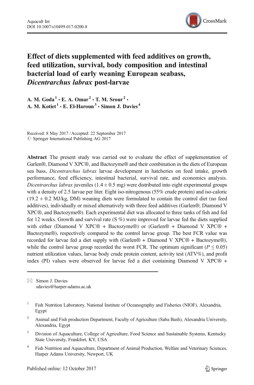 Pdf Effect Of Diets Supplemented With Feed Additives On Growth Feed Utilization Survival Body Composition And Intestinal Bacterial Load Of Early Weaning European Seabass Dicentrarchus Labrax Post Larvae