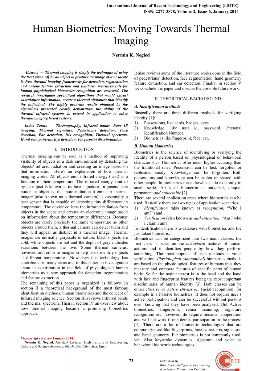 Pdf Human Biometrics Moving Towards Thermal Imaging