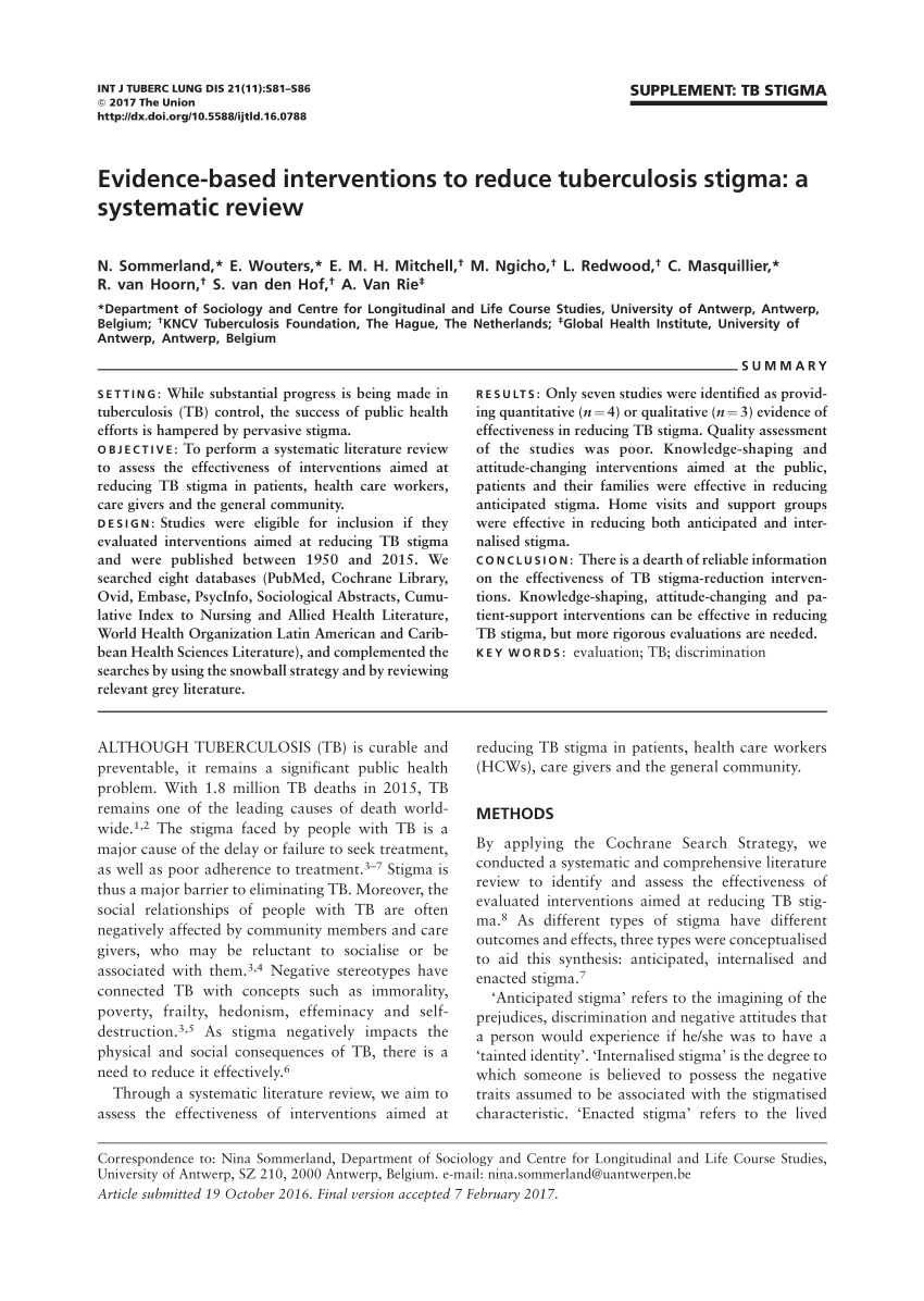 Pdf Evidence Based Interventions To Reduce Tuberculosis Stigma A Systematic Review