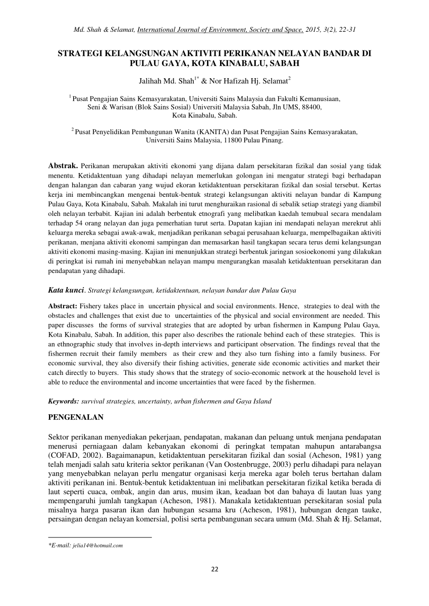 Pdf Strategi Kelangsungan Aktiviti Perikanan Nelayan Bandar Di Pulau Gaya Kota Kinabalu Sabah