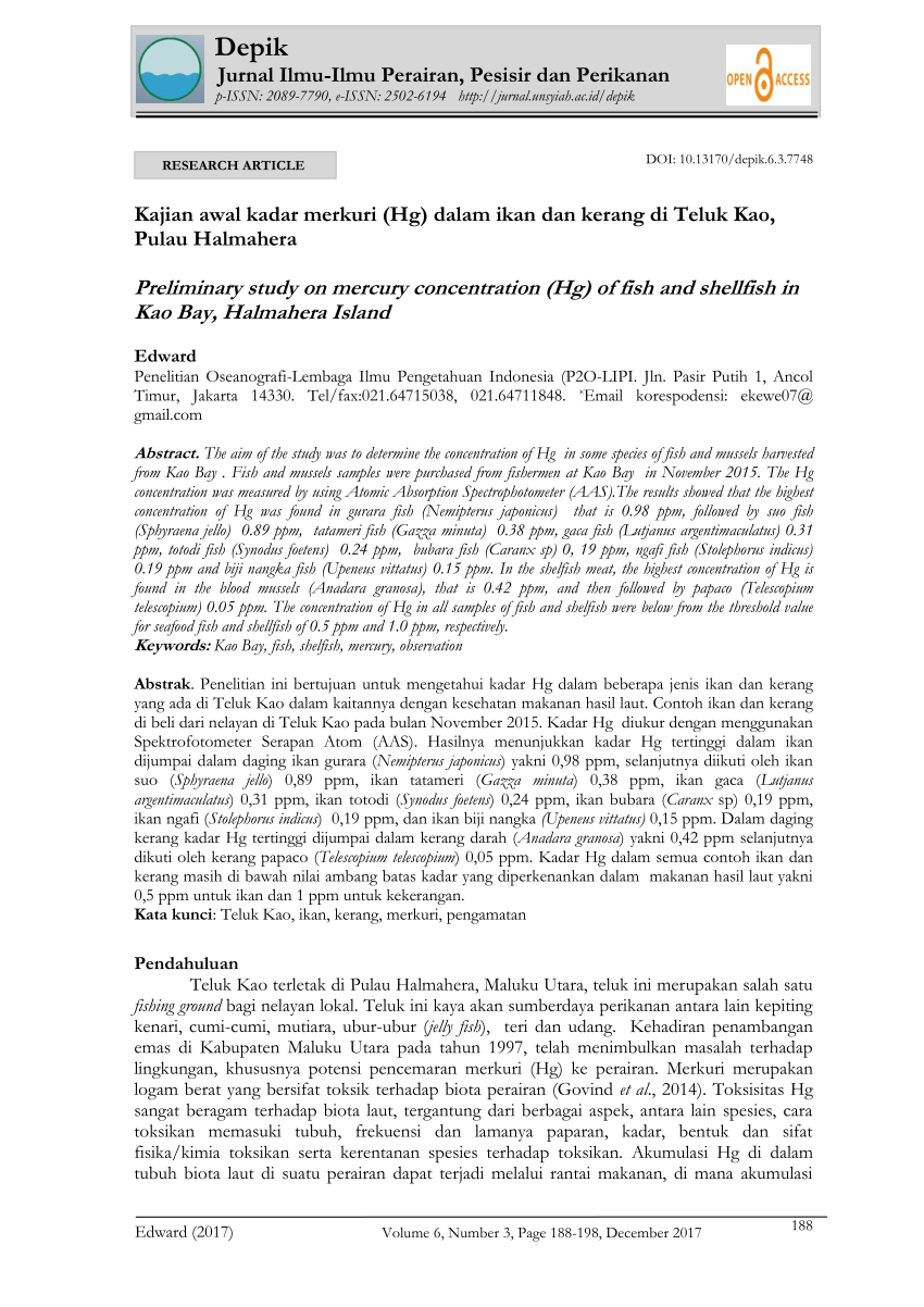 PDF Kajian Awal Kadar Merkuri Hg Dalam Ikan