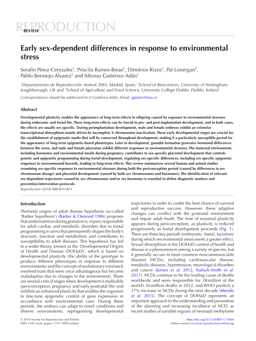 Pdf Early Sex Dependent Differences In Response To Environmental Stress