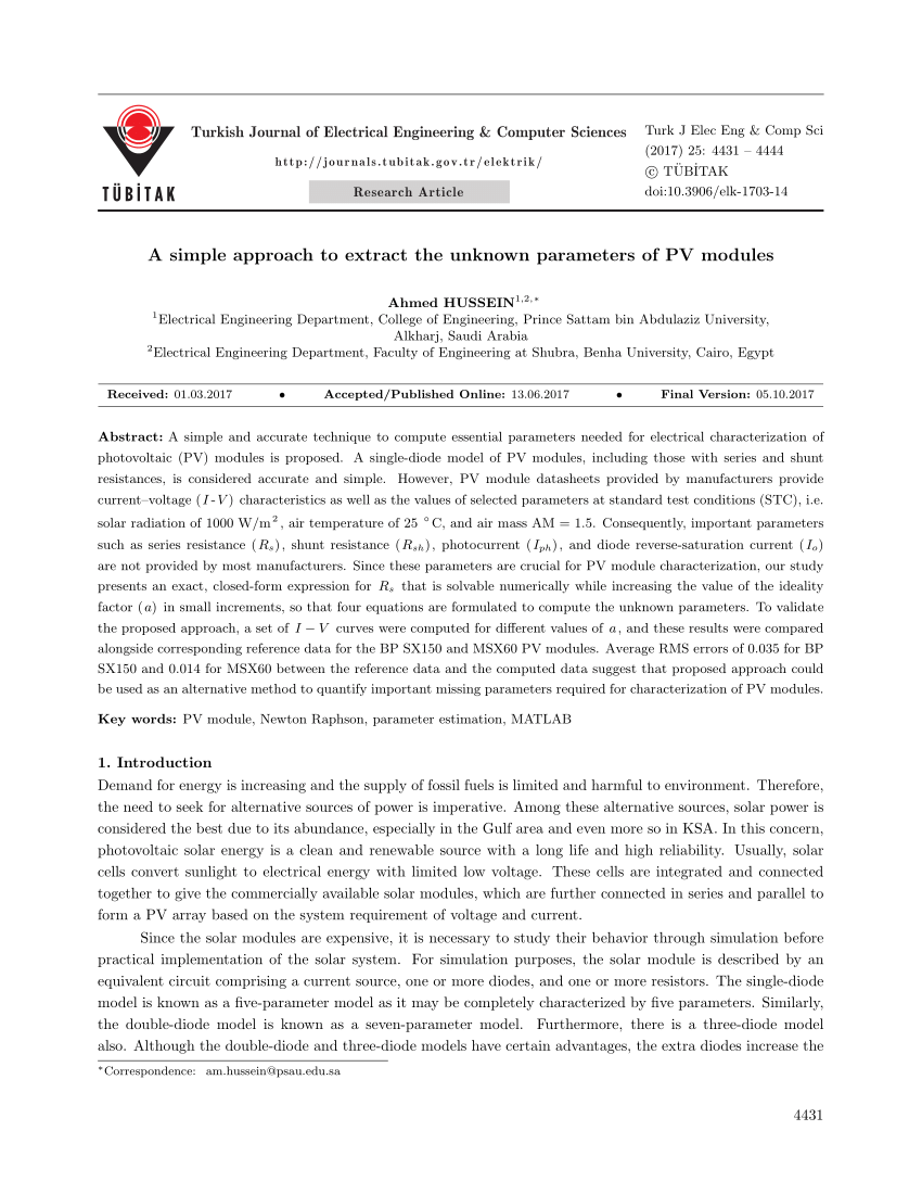 Pdf A Simple Approach To Extract The Unknown Parameters Of Pv Modules