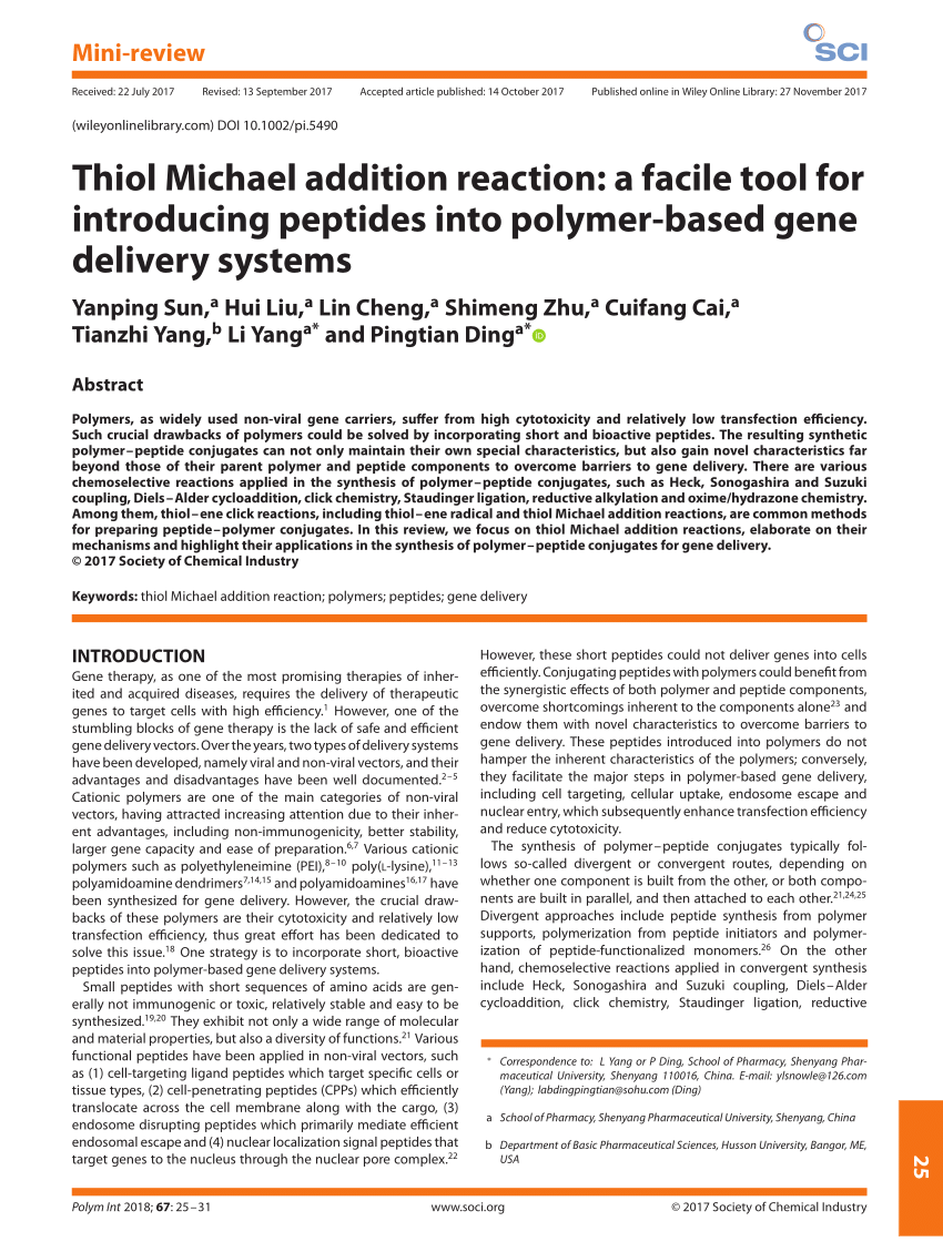 Pdf Thiol Michael Addition Reaction A Facile Tool For Introducing Peptides Into Polymer Based Gene Delivery Systems
