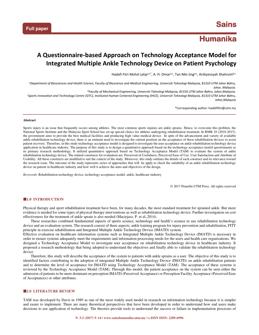 Pdf A Questionnaire Based Approach On Technology Acceptance Model For Integrated Multiple Ankle Technology Device On Patient Psychology