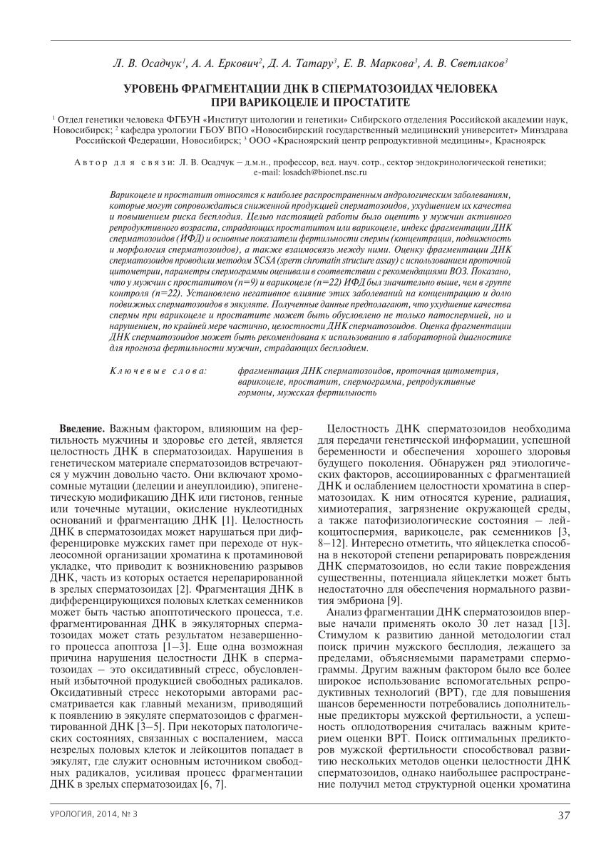 PDF) Уровень фрагментации ДНК в сперматозоидах человека при варикоцеле и  простатите