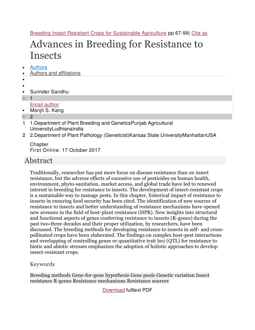 Pdf Advances In Breeding For Resistance To Insects