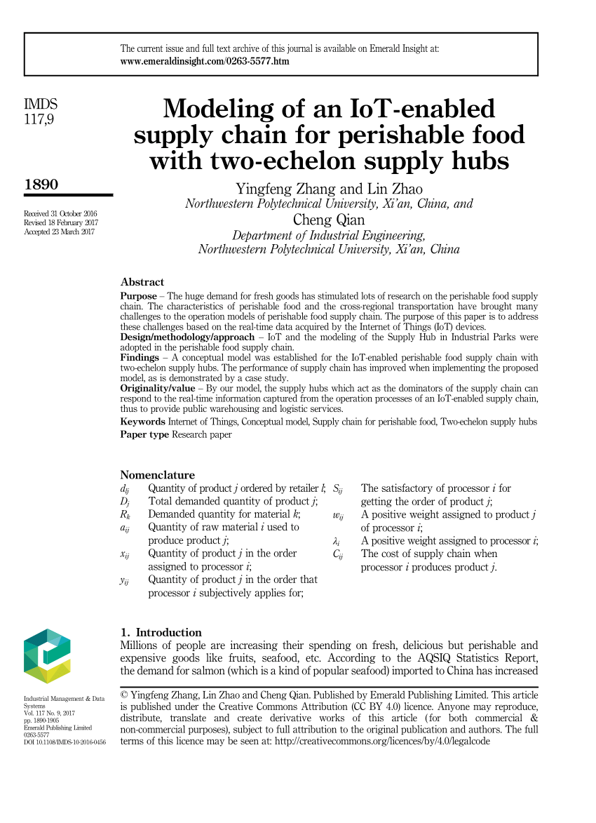 Pdf Modeling Of An Iot Enabled Supply Chain For Perishable Food With Two Echelon Supply Hubs