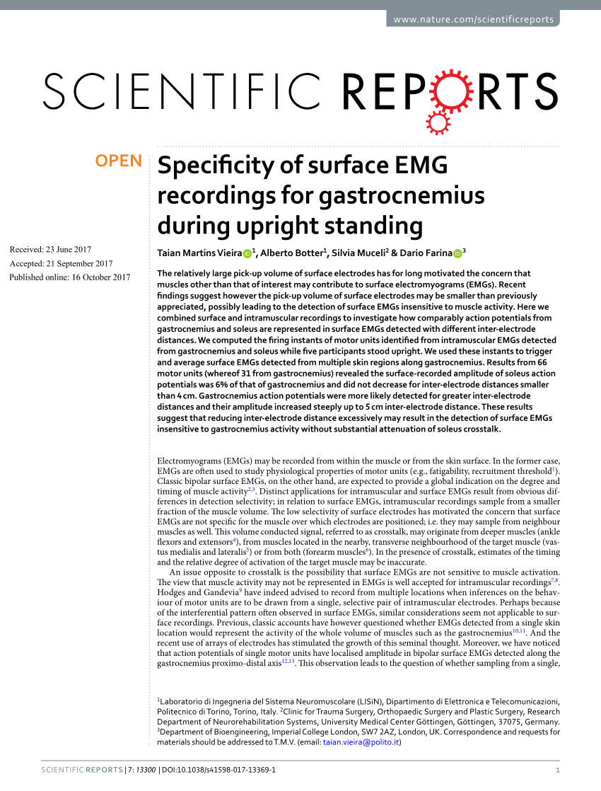 PDF) Specificity of surface EMG recordings for gastrocnemius during upright  standing