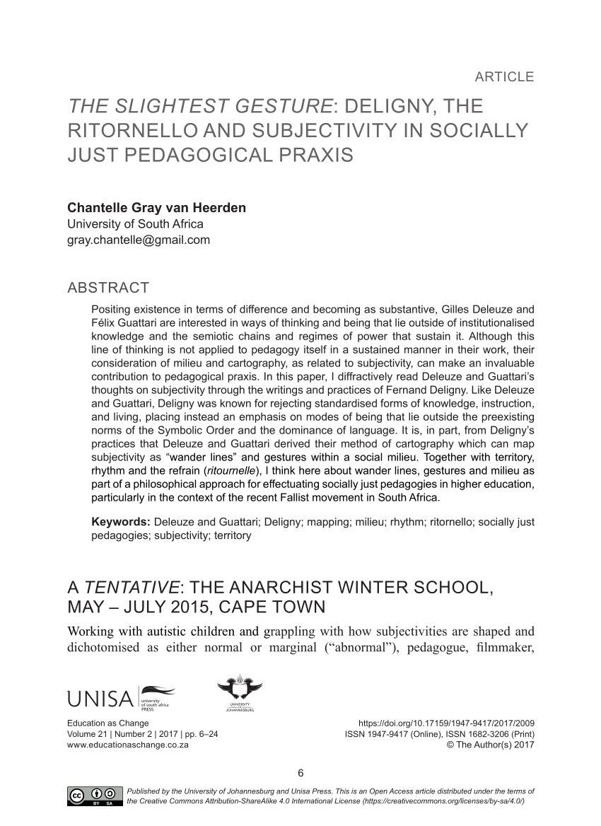 Pdf The Slightest Gesture Deligny The Ritornello And Subjectivity In Socially Just Pedagogical Praxis