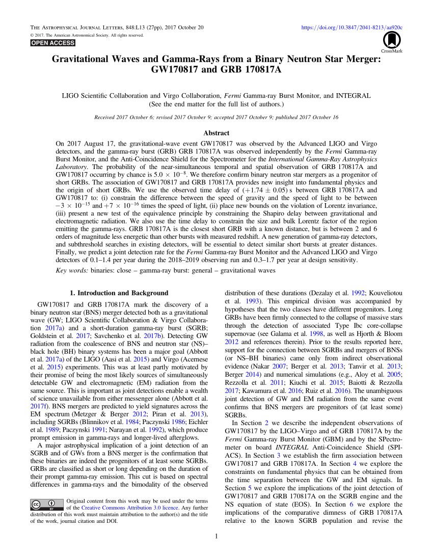 Pdf Gravitational Waves And Gamma Rays From A Binary Neutron Star