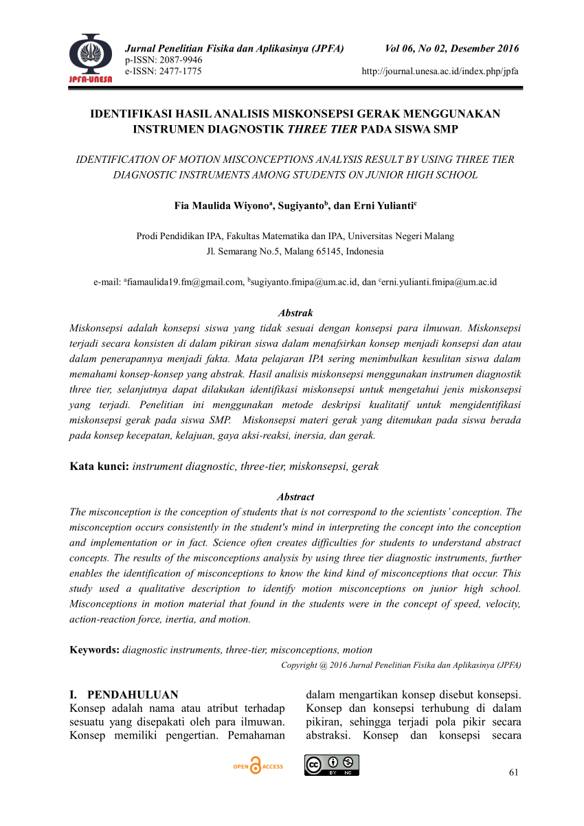 Pdf Identifikasi Hasil Analisis Miskonsepsi Gerak Menggunakan Instrumen Diagnostik Three Tier 3932
