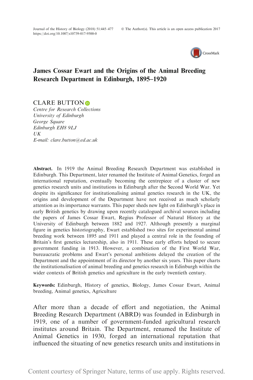 PDF) James Cossar Ewart and the Origins of the Animal Breeding Research  Department in Edinburgh, 1895–1920