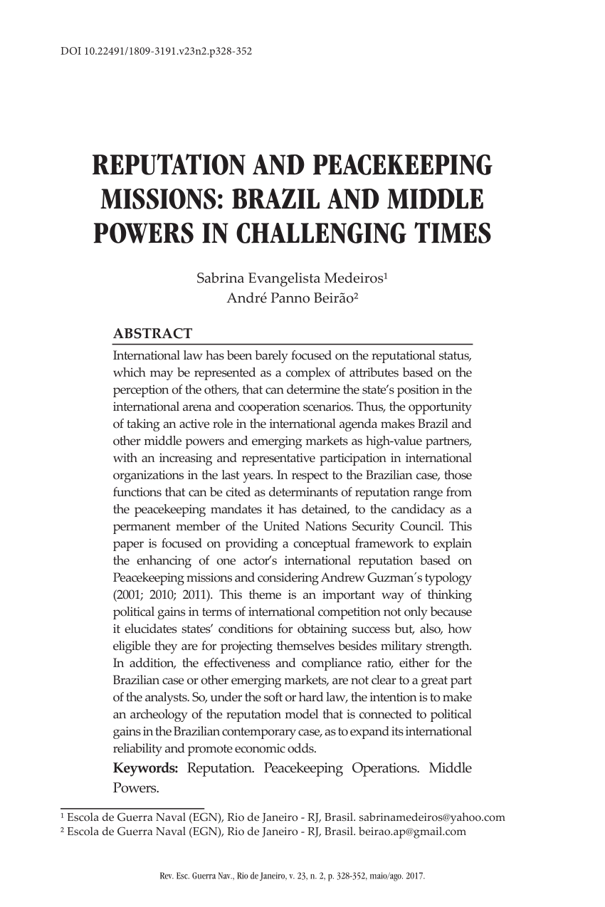 Pdf Reputation And Peacekeeping Missions Brazil And Middle