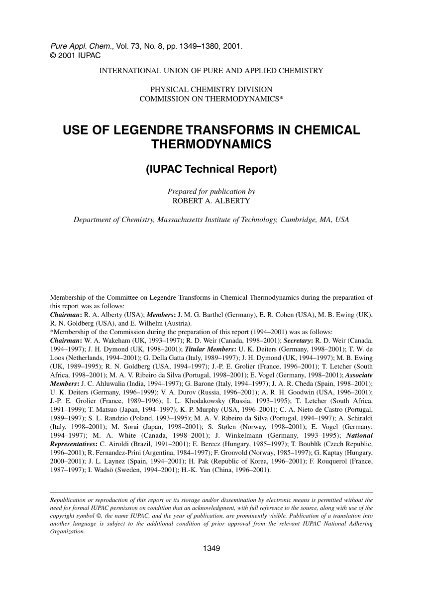 Pdf Use Of Legendre Transforms In Chemical Thermodynamics