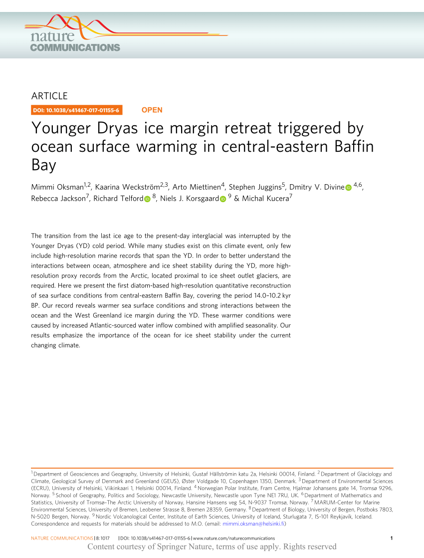 Pdf Younger Dryas Ice Margin Retreat Triggered By Ocean Surface Warming In Central Eastern Baffin Bay