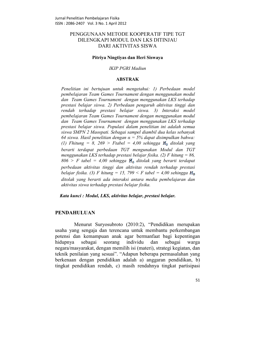 Pdf Penggunaan Metode Kooperatif Tipe Tgt Dilengkapi Modul Dan