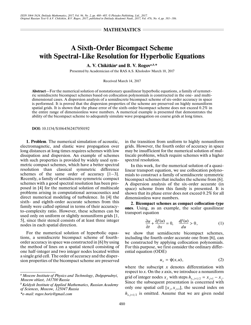 Pdf A Sixth Order Bicompact Scheme With Spectral Like Resolution For Hyperbolic Equations