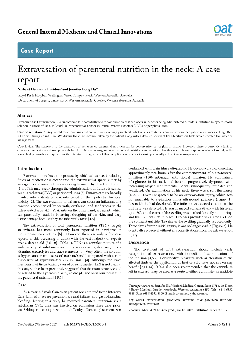 Extravasation Of Parenteral Nutrition In The Neck A Case Report My