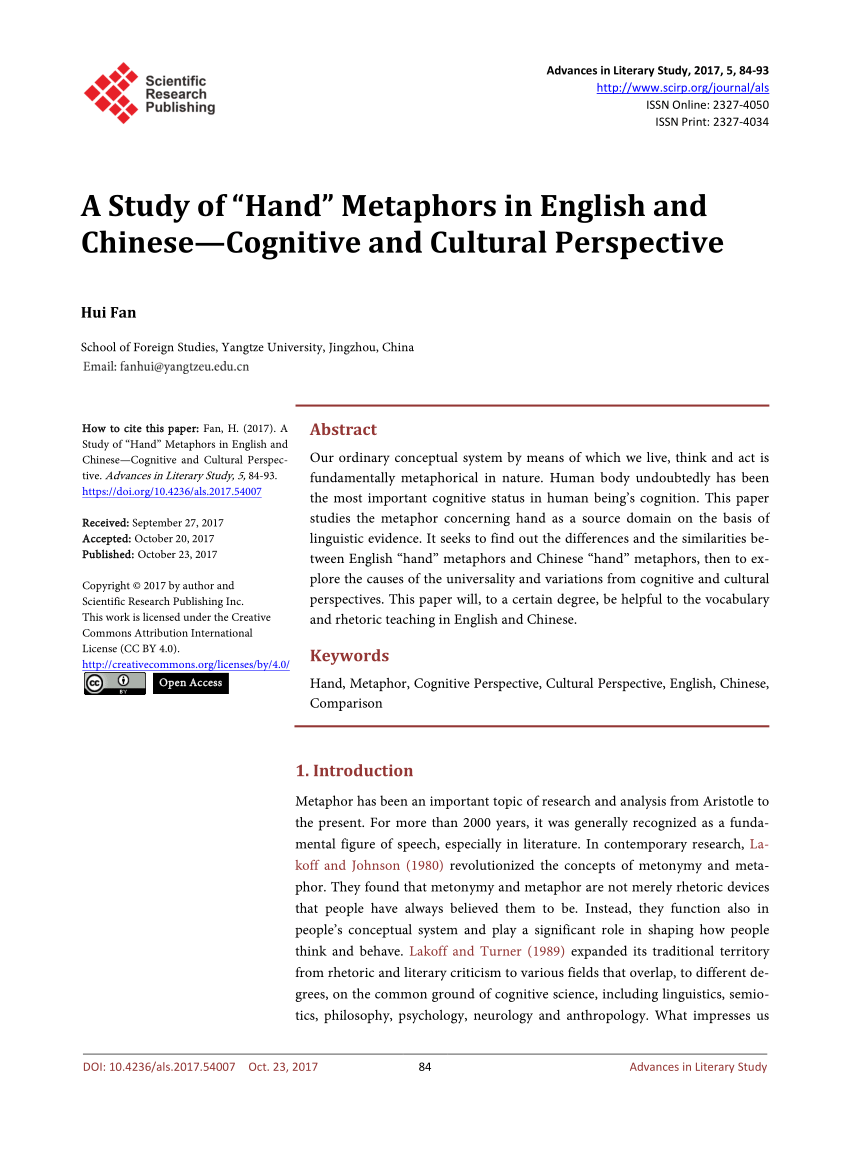 Pdf A Study Of Hand Metaphors In English And Chinese Cognitive And Cultural Perspective