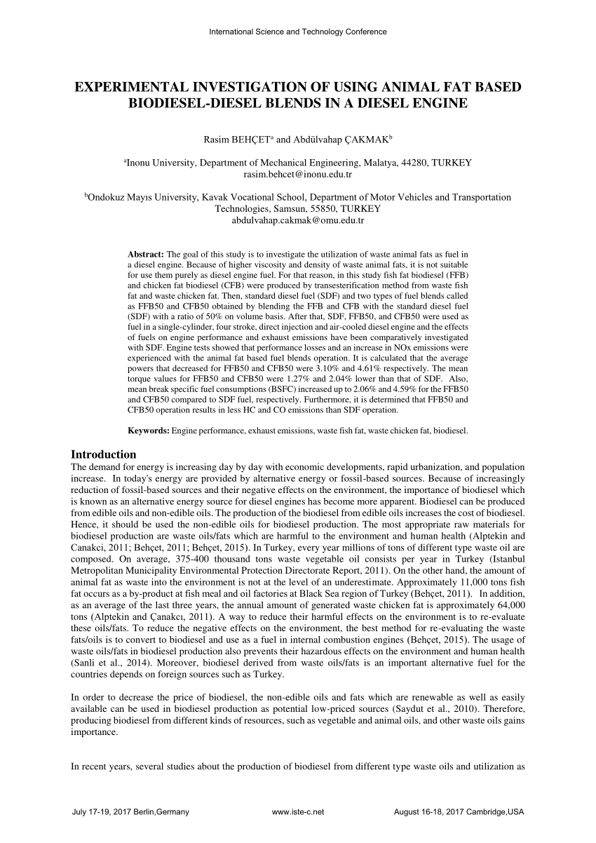 PDF) EXPERIMENTAL INVESTIGATION OF USING ANIMAL FAT BASED BIODIESEL-DIESEL  BLENDS IN A DIESEL ENGINE