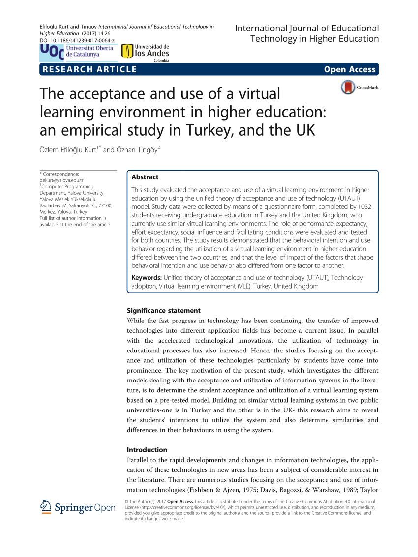 pdf the acceptance and use of a virtual learning environment in higher education an empirical study in turkey and the uk