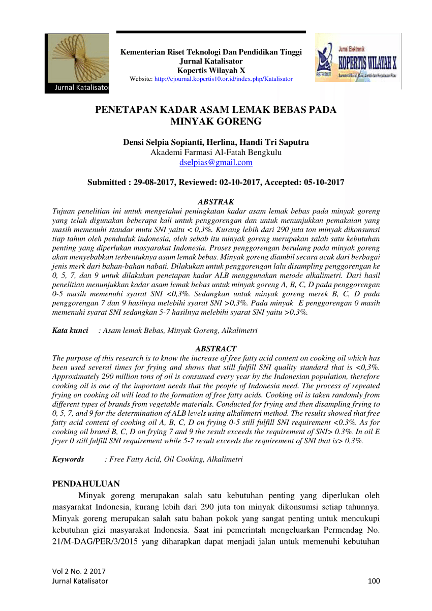 Pdf Penetapan Kadar Asam Lemak Bebas Pada Minyak Goreng