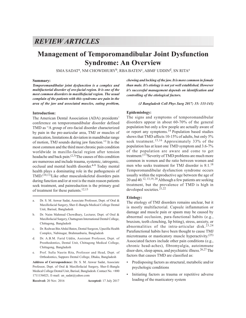 Pdf Management Of Temporomandibular Joint Dysfunction Syndrome An Overview