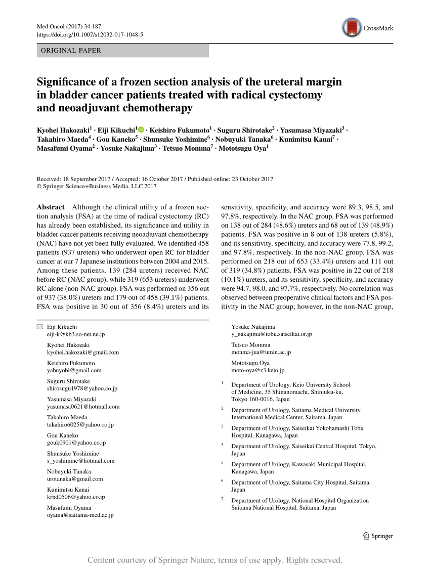 Significance Of A Frozen Section Analysis Of The Ureteral Margin In Bladder Cancer Patients Treated With Radical Cystectomy And Neoadjuvant Chemotherapy Request Pdf