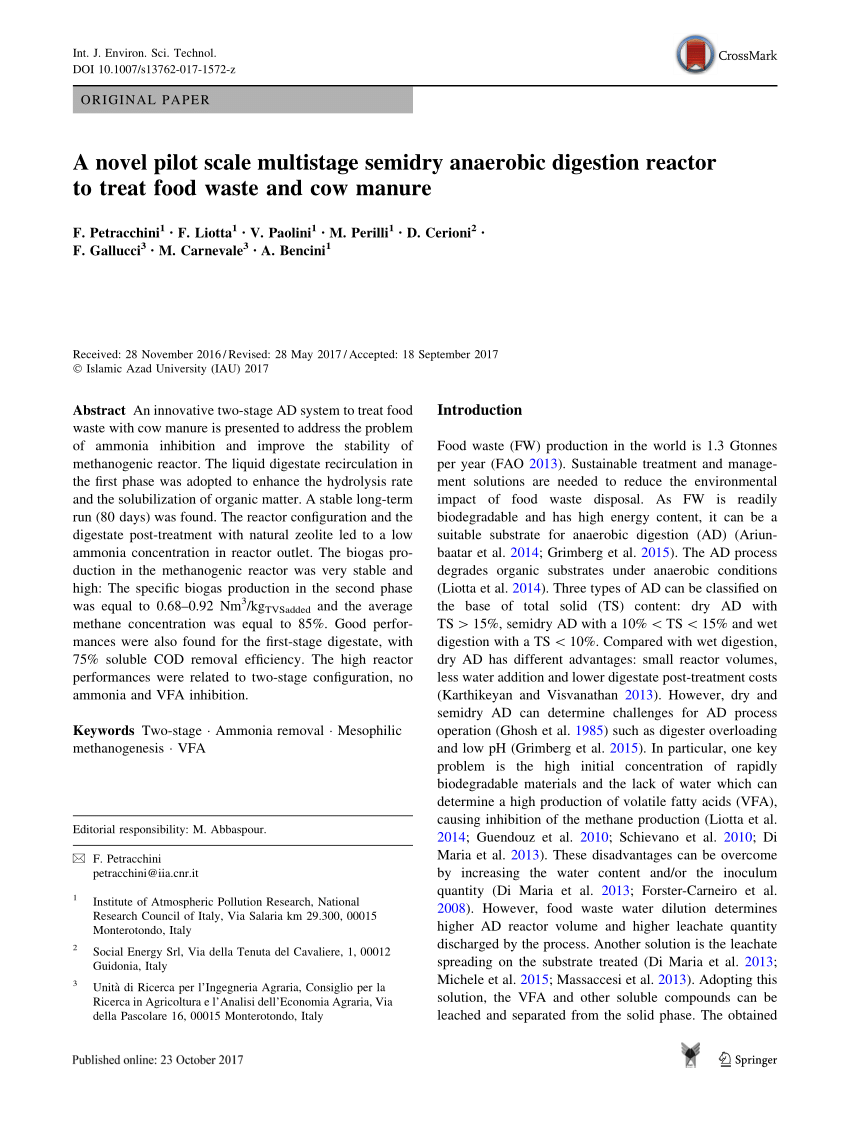 PDF) A novel pilot scale multistage semidry anaerobic digestion reactor to  treat food waste and cow manure